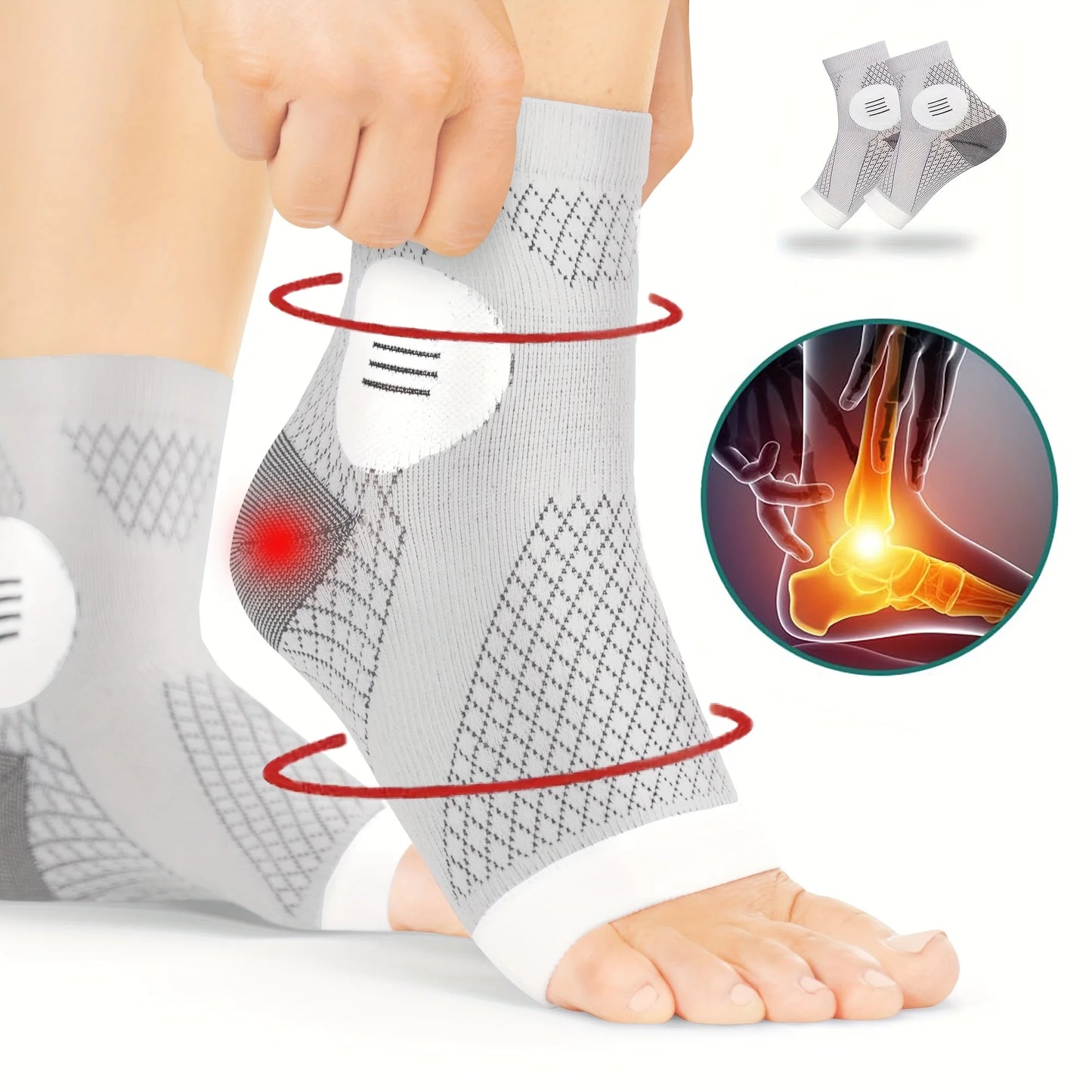 Ankle support brace being worn on a foot with a close-up of a painful ankle and inset showing a glowing joint.