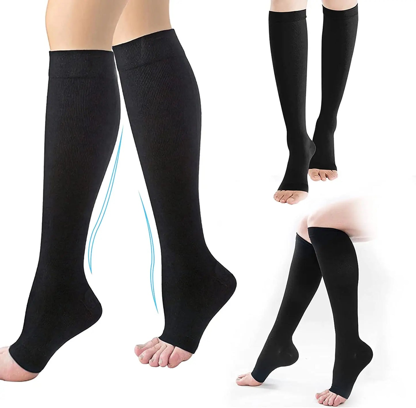 Black compression stockings on a white background