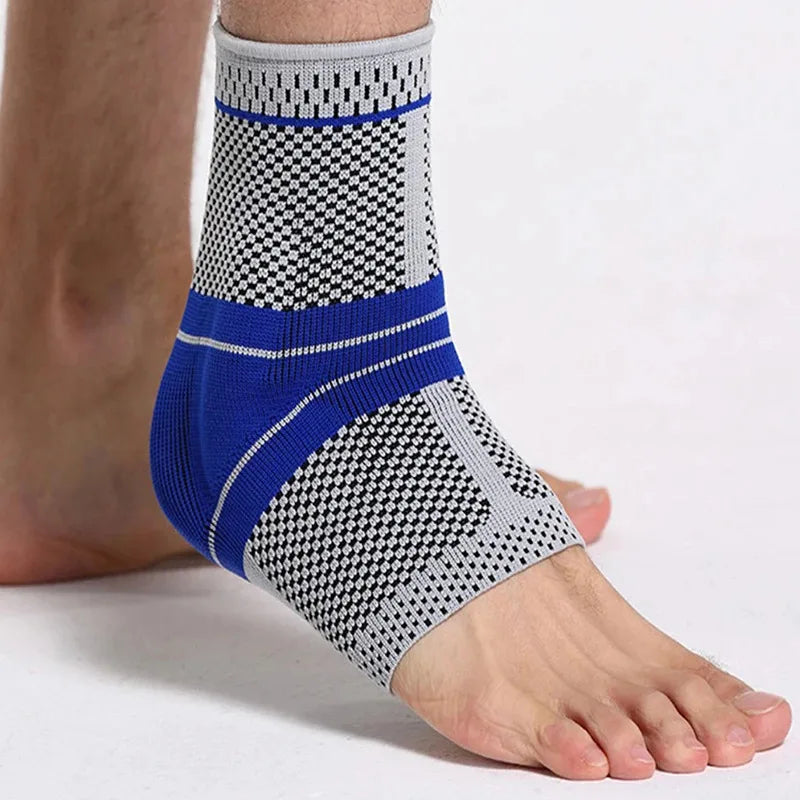 Ankle support brace with blue and patterned design on a white background