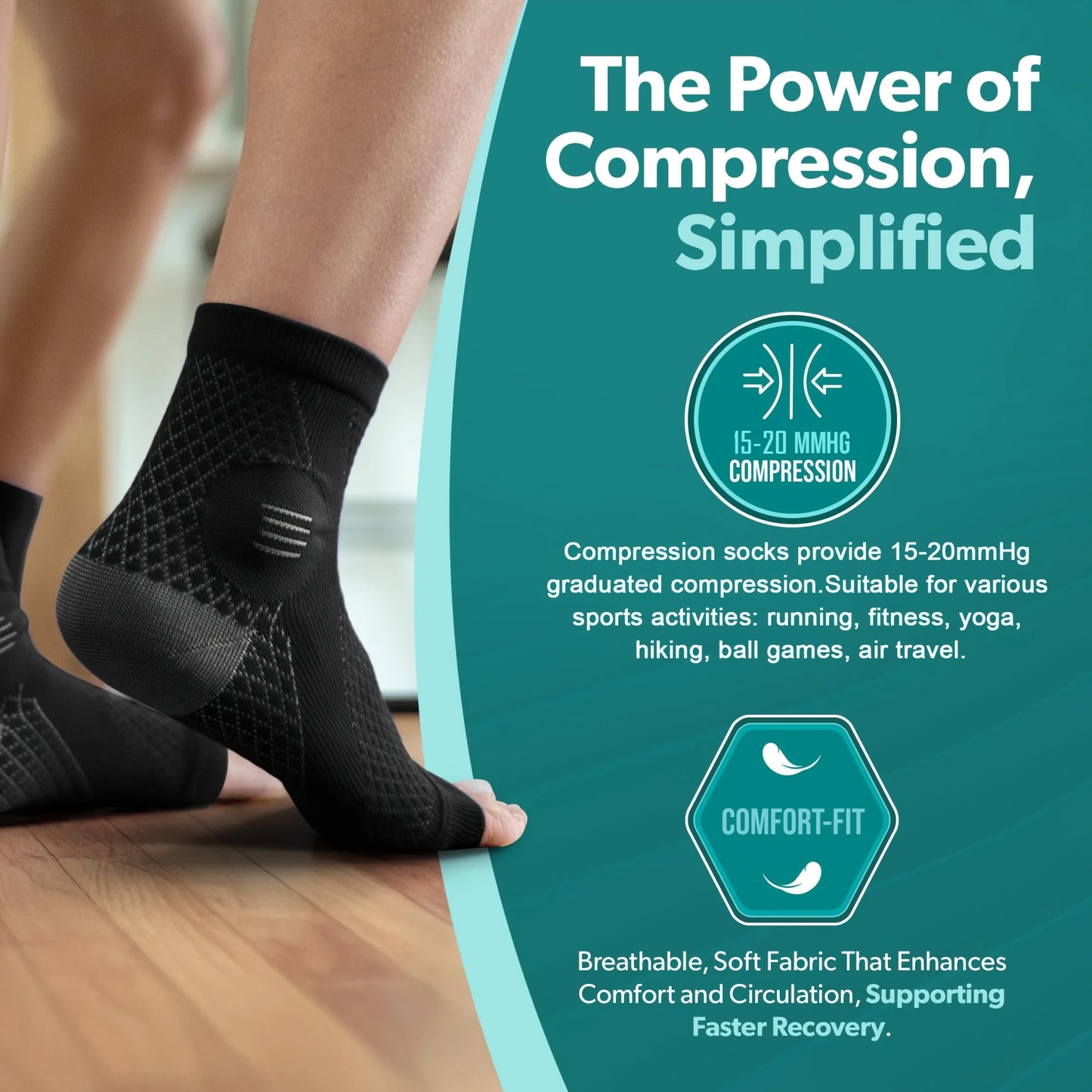 Black compression socks worn by a person with promotional text about compression benefits on a teal background.