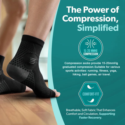 Black compression socks worn by a person with promotional text about compression benefits on a teal background.