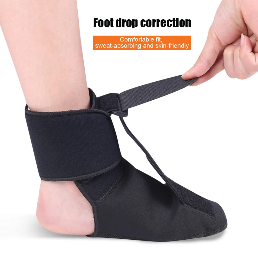 Black foot drop correction brace being worn on a foot with text about comfort and skin-friendliness.
