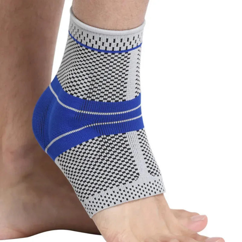 Ankle support brace with blue and gray pattern on a white background