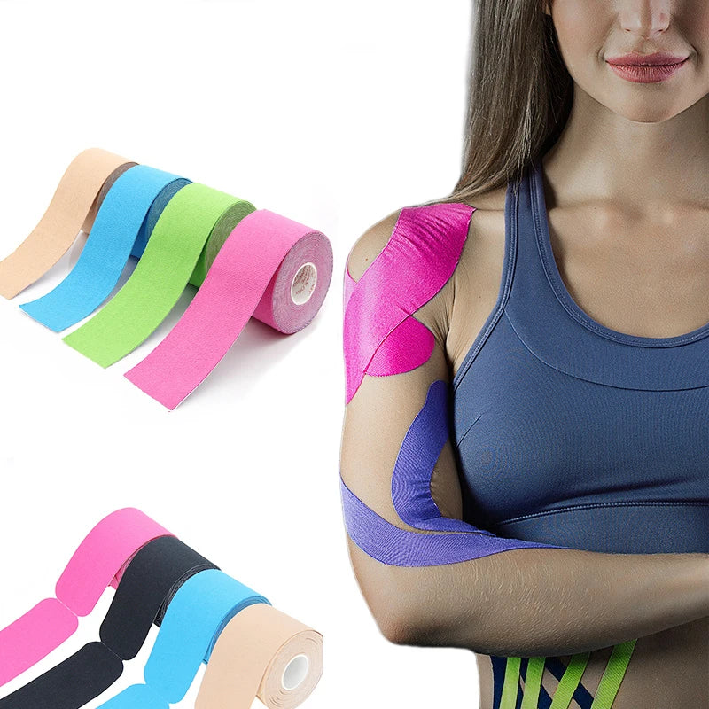 Woman wearing colorful tape on her arm with rolls of tape on a white background