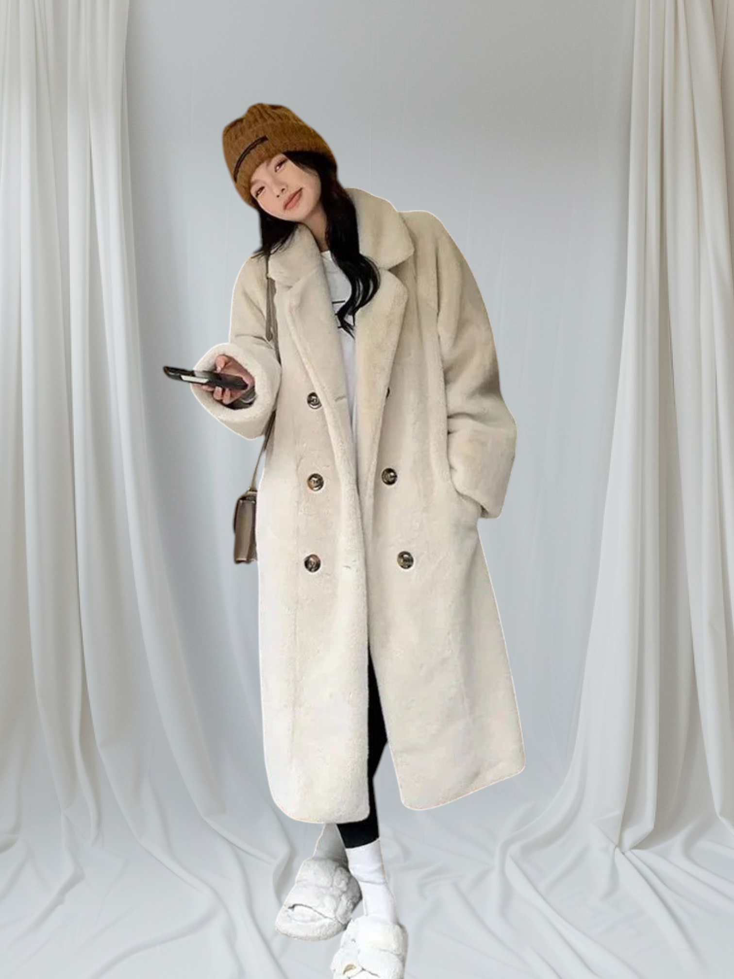 Person wearing a long beige coat, white sneakers, and a brown beanie against a plain background