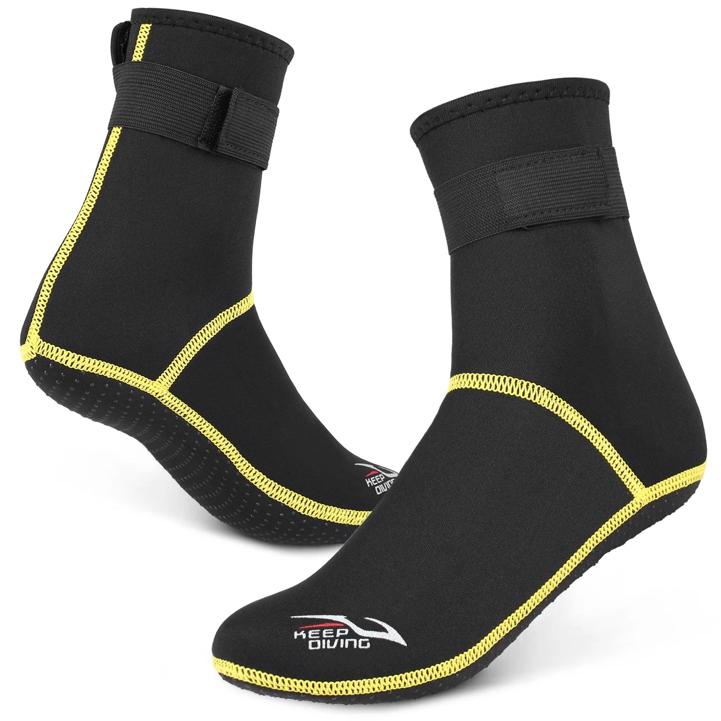Black diving socks with yellow trim on a white background