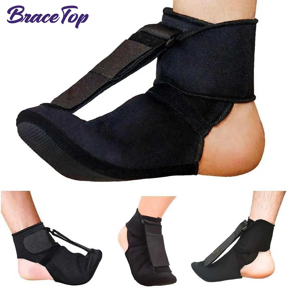 Black ankle support brace on a person's foot with 'BraceTop' branding.