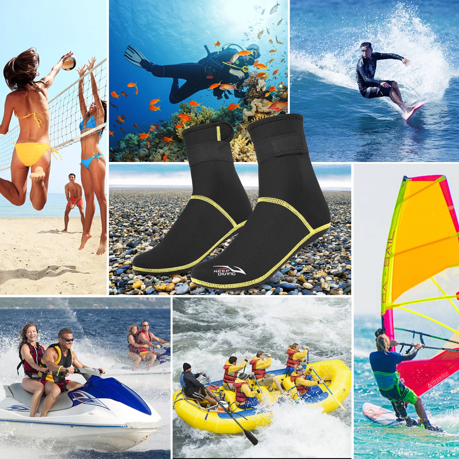 Collage of people engaging in various water activities with a pair of black beach shoes.