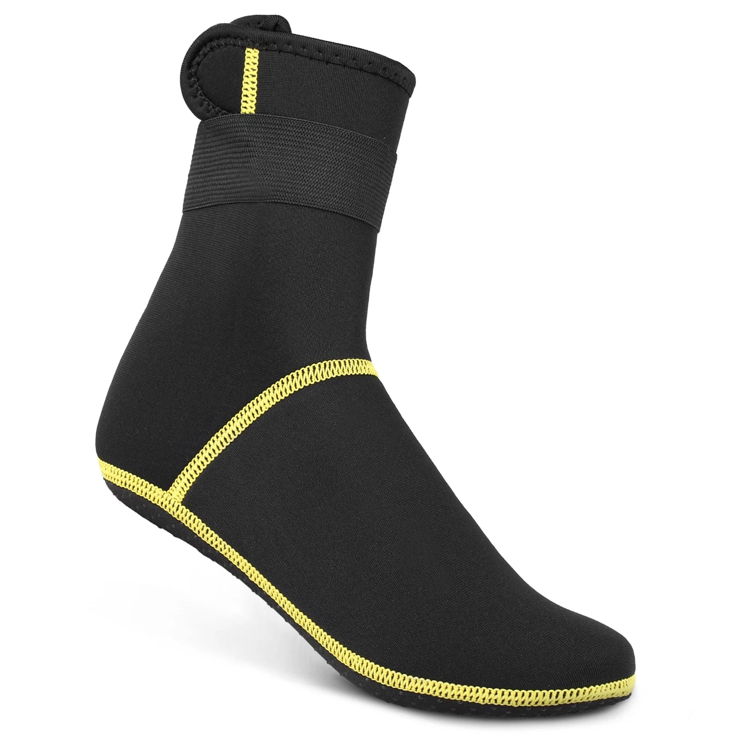 Black beach shoe with yellow trim on a white background