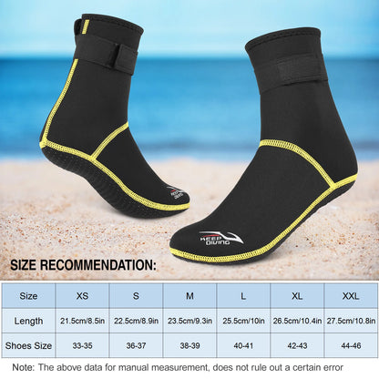 Black beach shoes with yellow trim on a sandy background