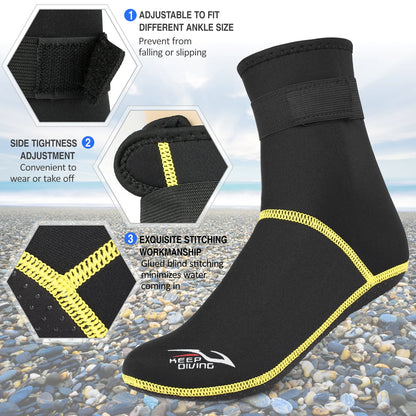 Black and yellow diving sock with features highlighted on a beach background